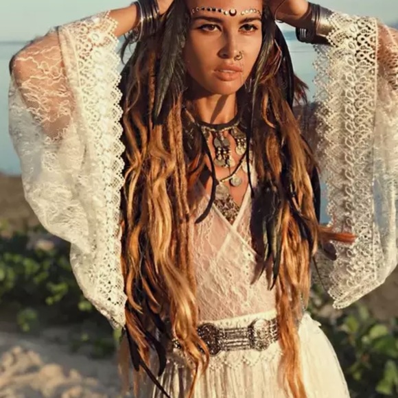 Bohemian Festival White EyeLash Lace Sheer A Line Unlined Maxi Coverup Dress - Picture 7 of 10